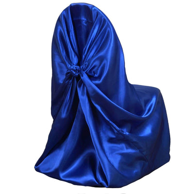 Satin Self-Tie Universal Chair Cover Royal Blue - Reusable Slip-On Slipcover for Folding, Dining, Banquet & Standard Size Chairs