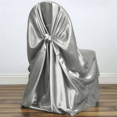 Satin Self-Tie Universal Chair Cover Silver - Reusable Slip-On Slipcover for Folding, Dining, Banquet & Standard Size Chairs