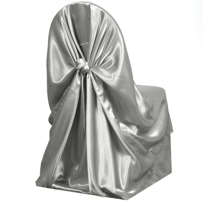 Satin Self-Tie Universal Chair Cover Silver - Reusable Slip-On Slipcover for Folding, Dining, Banquet & Standard Size Chairs