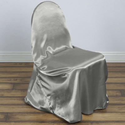 Satin Self-Tie Universal Chair Cover Silver - Reusable Slip-On Slipcover for Folding, Dining, Banquet & Standard Size Chairs