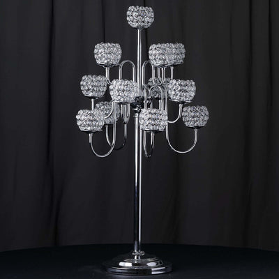 Metal Crystal Beaded Candelabra 40" Silver 13 Arm Design - Table Centerpiece for Events