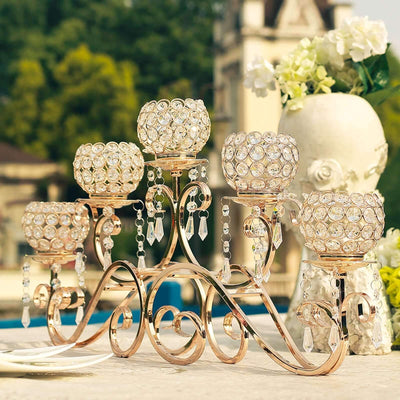 5-Arm Metal Candelabra 27" Horizontal Design with Crystal Goblets Gold - Table Centerpiece for Events