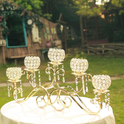 5-Arm Metal Candelabra 27" Horizontal Design with Crystal Goblets Gold - Table Centerpiece for Events