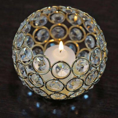 Crystal Beaded Metal Votive Tealight Candle Holder 4" Round Gold - Multipurpose Table Vase for Stylish Decor