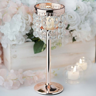 Crystal Beaded Chandelier Candle Holder 12" Rose Gold - Stunning Metal Tealight Stand for Pillar Candles
