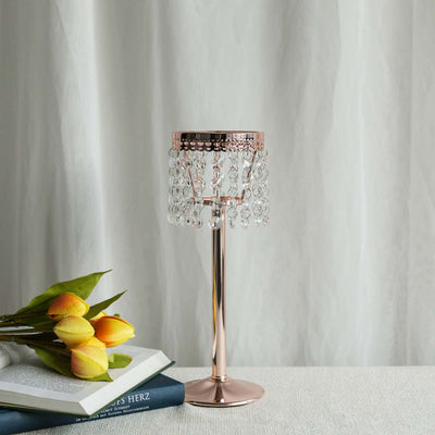 Crystal Beaded Chandelier Candle Holder 12" Rose Gold - Stunning Metal Tealight Stand for Pillar Candles