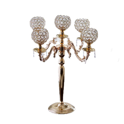 5-Arm Crystal Beaded Globe Candelabra 25" Gold - Metal Candle Holder for Stylish Pillar Table Centerpiece Decor