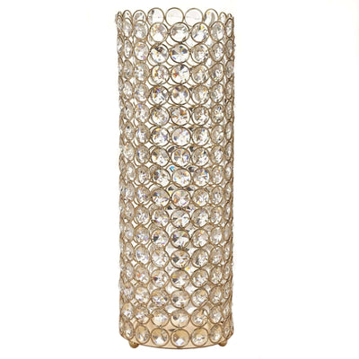 Full Crystal Beaded Pillar Candle Holder 16" Shiny Gold Metal - Sophisticated Stand for Glamorous Decor