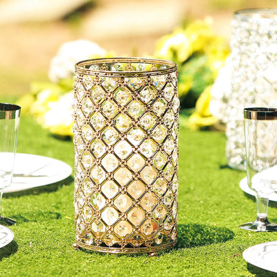 2-Pack Metal Crystal Beaded Pillar Candle Holders 9" Gold - Multipurpose Crystal Stem Vase Set
