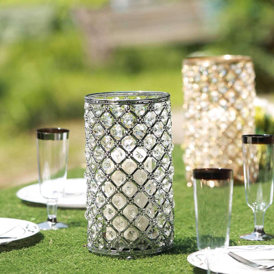 2-Pack Metal Crystal Beaded Pillar Candle Holders 9" Metallic Silver - Multipurpose Crystal Stem Vase Set