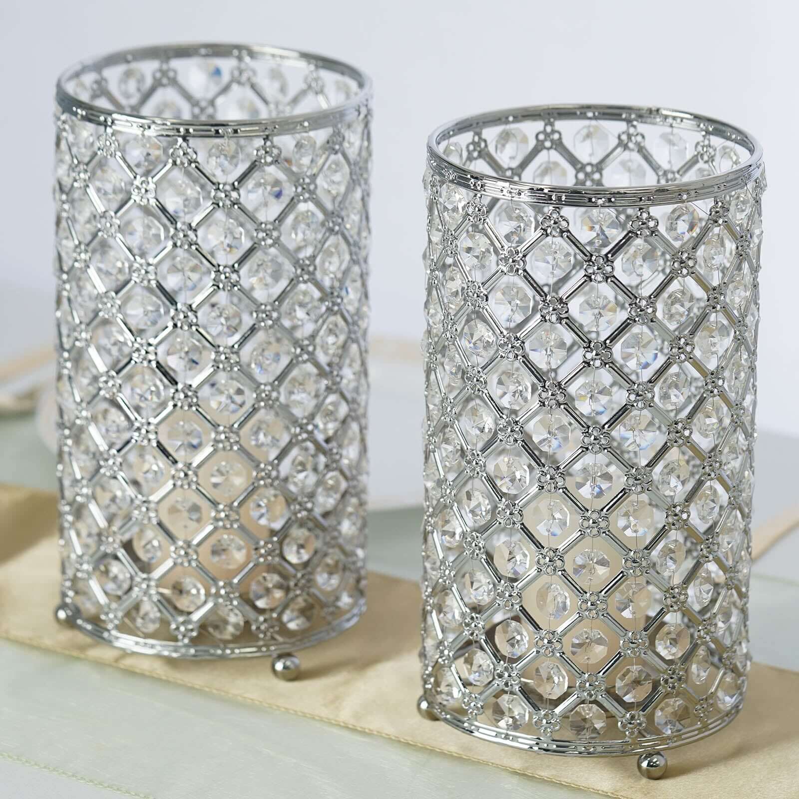 2-Pack Silver Crystal Beaded Candle Holder | eFavormart.com