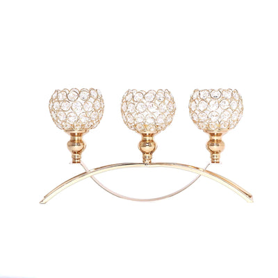 3-Arm Gold Crystal Beaded Arch Bridge Candelabra 16" - Stylish Table Centerpiece for Upscale Events