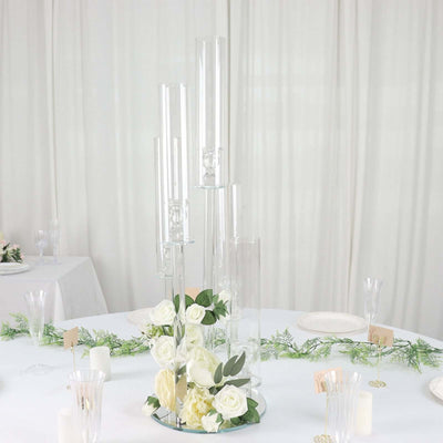 5-Arm Crystal Glass Candelabra Round Taper Design 32" Clear - Stylish Candle Holder Table Centerpiece