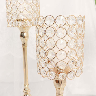 Set of 3 Gold Crystal Beaded Goblet Votive Candle Holder Stands 18", 16", 14" - Tea Light Centerpiece