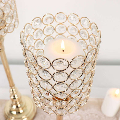 Set of 3 Gold Crystal Beaded Goblet Votive Candle Holder Stands 18", 16", 14" - Tea Light Centerpiece