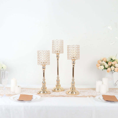 Set of 3 Gold Crystal Beaded Goblet Votive Candle Holder Stands 18", 16", 14" - Tea Light Centerpiece