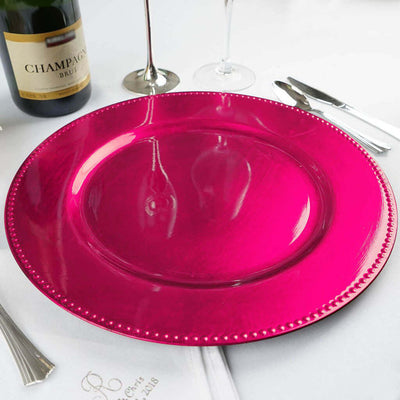 6-Pack Acrylic Charger Plates 13" Round Hot Pink Beaded Rim - Dinner Charger Tabletop Decor