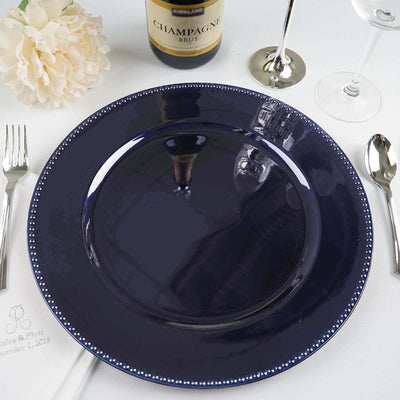 6-Pack Acrylic Charger Plates 13" Round Navy Blue Beaded Rim - Dinner Charger Tabletop Decor