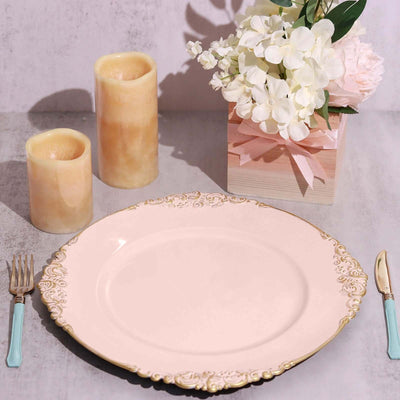 6-Pack Acrylic Charger Plates 13" Round Blush with Gold Embossed Baroque Rim - Antique Decorative Dinner Tableware