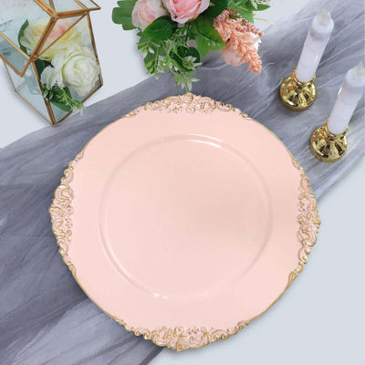 6-Pack Acrylic Charger Plates 13" Round Blush with Gold Embossed Baroque Rim - Antique Decorative Dinner Tableware