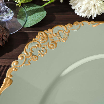 6-Pack Acrylic Charger Plates 13" Round Dusty Sage Green with Gold Embossed Baroque Rim - Antique Decorative Dinner Tableware