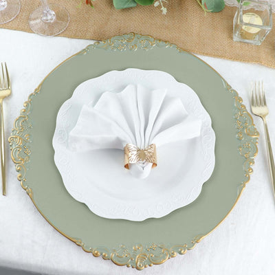6-Pack Acrylic Charger Plates 13" Round Dusty Sage Green with Gold Embossed Baroque Rim - Antique Decorative Dinner Tableware