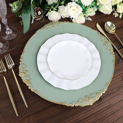 6-Pack Acrylic Charger Plates 13" Round Dusty Sage Green with Gold Embossed Baroque Rim - Antique Decorative Dinner Tableware