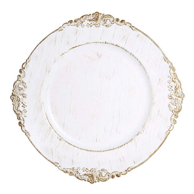 6-Pack Acrylic Charger Plates 13" Round White Washed with Gold Embossed Baroque Rim - Antique Decorative Dinner Tableware