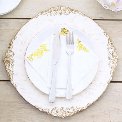6-Pack Acrylic Charger Plates 13" Round White Washed with Gold Embossed Baroque Rim - Antique Decorative Dinner Tableware