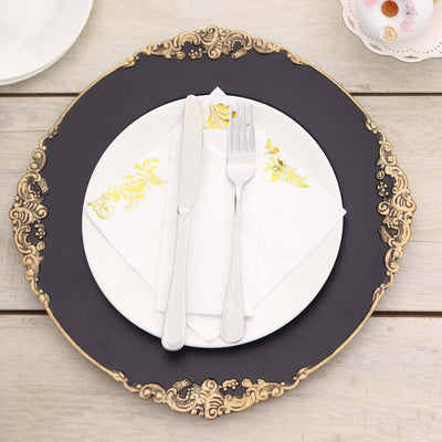 6-Pack Acrylic Charger Plates 13" Round Matte Black with Gold Embossed Baroque Rim - Antique Decorative Dinner Party Charger Tableware