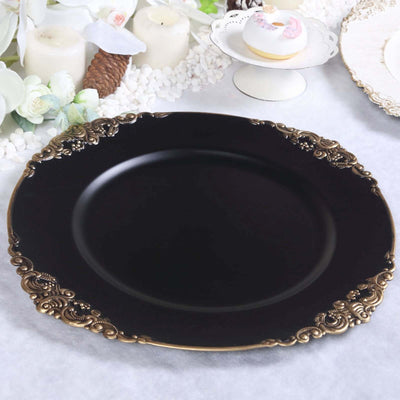 6-Pack Acrylic Charger Plates 13" Round Matte Black with Gold Embossed Baroque Rim - Antique Decorative Dinner Party Charger Tableware