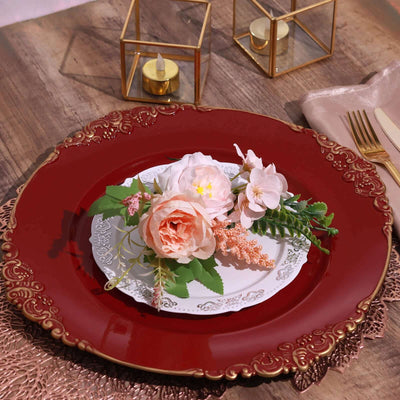 6-Pack Acrylic Charger Plates 13" Round Burgundy with Gold Embossed Baroque Rim - Antique Decorative Dinner Tableware