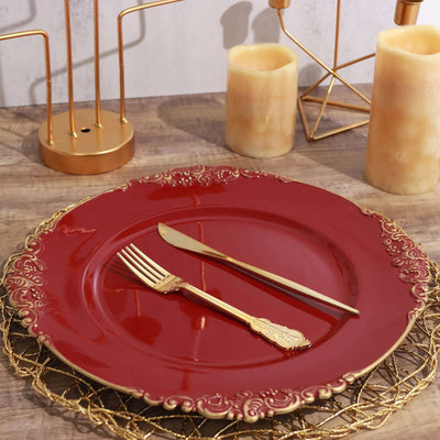 6-Pack Acrylic Charger Plates 13" Round Burgundy with Gold Embossed Baroque Rim - Antique Decorative Dinner Tableware
