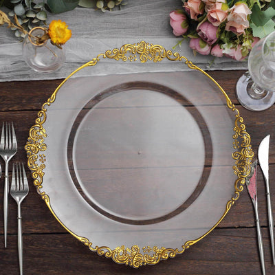 6-Pack Acrylic Charger Plates 13" Round Clear with Gold Embossed Baroque Rim - Antique Decorative Dinner Tableware