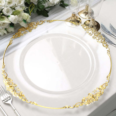 6-Pack Acrylic Charger Plates 13" Round Clear with Gold Embossed Baroque Rim - Antique Decorative Dinner Tableware
