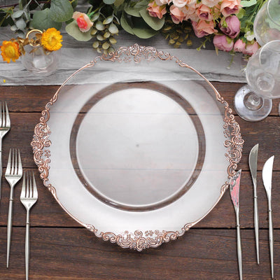 6-Pack Acrylic Charger Plates 13" Round Clear with Rose Gold Embossed Baroque Rim - Antique Decorative Dinner Tableware