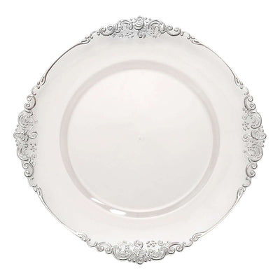 6-Pack Acrylic Charger Plates 13" Round Clear with Silver Embossed Baroque Rim - Antique Decorative Dinner Tableware