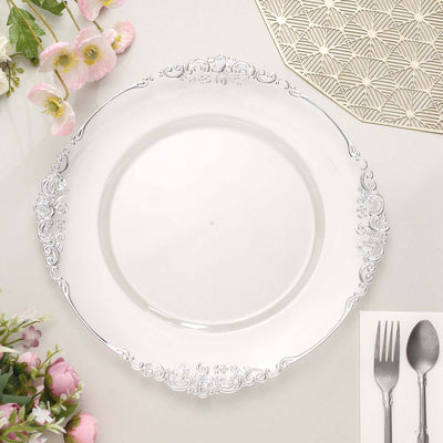 6-Pack Acrylic Charger Plates 13" Round Clear with Silver Embossed Baroque Rim - Antique Decorative Dinner Tableware