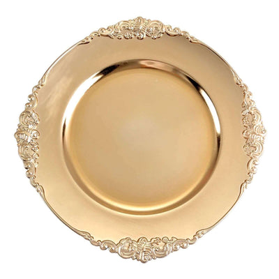 6-Pack Acrylic Charger Plates 13" Round Gold Embossed Baroque Rim - Antique Decorative Dinner Party Charger Tableware