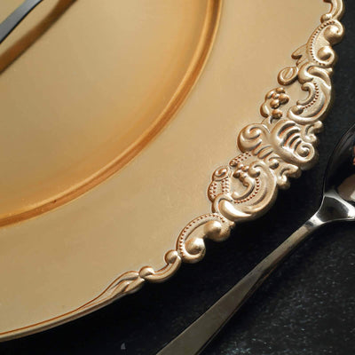 6-Pack Acrylic Charger Plates 13" Round Gold Embossed Baroque Rim - Antique Decorative Dinner Party Charger Tableware