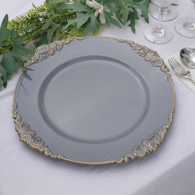 6-Pack Acrylic Charger Plates 13" Round Charcoal Gray with Gold Embossed Baroque Rim - Antique Decorative Dinner Tableware