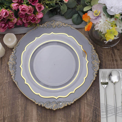 6-Pack Acrylic Charger Plates 13" Round Charcoal Gray with Gold Embossed Baroque Rim - Antique Decorative Dinner Tableware