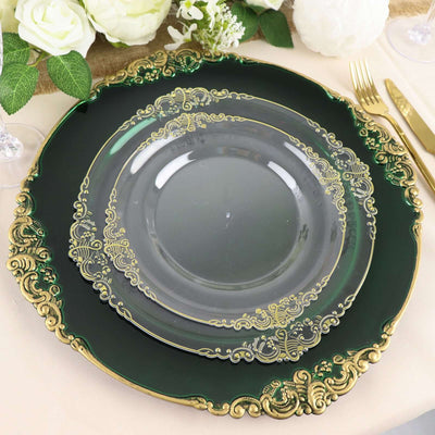 6-Pack Acrylic Charger Plates 13" Round Hunter Emerald Green with Gold Embossed Baroque Rim - Antique Decorative Dinner Tableware