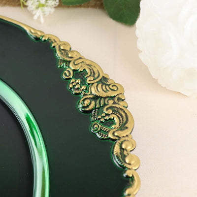 6-Pack Acrylic Charger Plates 13" Round Hunter Emerald Green with Gold Embossed Baroque Rim - Antique Decorative Dinner Tableware