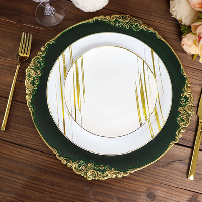 6-Pack Acrylic Charger Plates 13" Round Hunter Emerald Green with Gold Embossed Baroque Rim - Antique Decorative Dinner Tableware