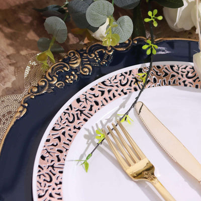 6-Pack Acrylic Charger Plates 13" Round Navy Blue with Gold Embossed Baroque Rim - Antique Decorative Dinner Tableware