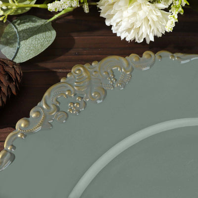6-Pack Acrylic Charger Plates 13" Round Olive Green with Gold Embossed Baroque Rim - Antique Decorative Dinner Tableware