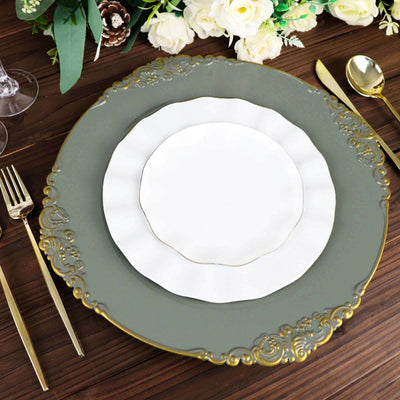 6-Pack Acrylic Charger Plates 13" Round Olive Green with Gold Embossed Baroque Rim - Antique Decorative Dinner Tableware