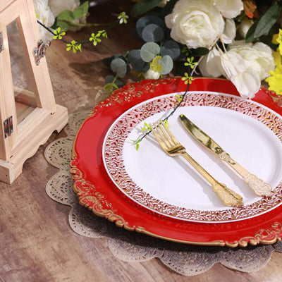 6-Pack Acrylic Charger Plates 13" Round Red with Gold Embossed Baroque Rim - Antique Decorative Dinner Tableware