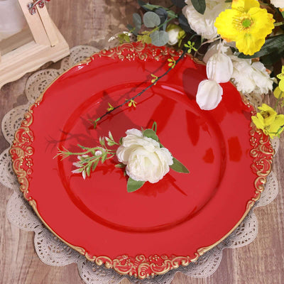 6-Pack Acrylic Charger Plates 13" Round Red with Gold Embossed Baroque Rim - Antique Decorative Dinner Tableware